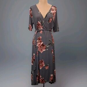 Hello Miz Maternity Nursing Dress Sz XL Side Tie Waist Belt Gray Floral Hi-low
